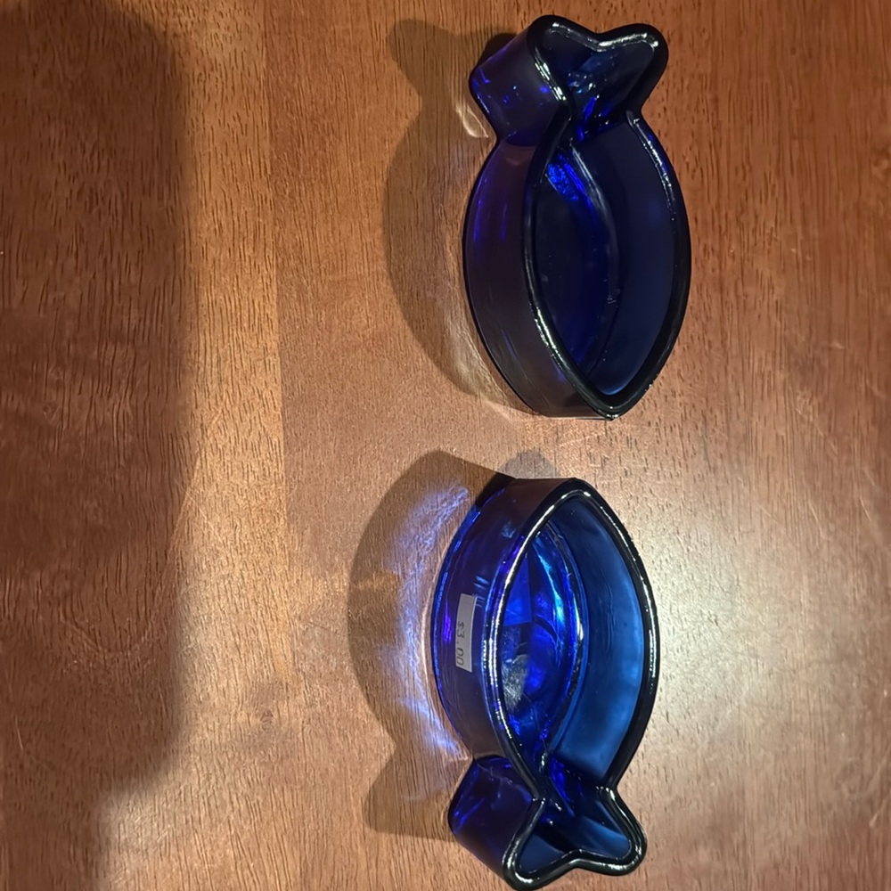 VINTAGE GLASS COBALT BLUE FISH SHAPED TRINKET DISH.  2 for $12 or one for $7.  .